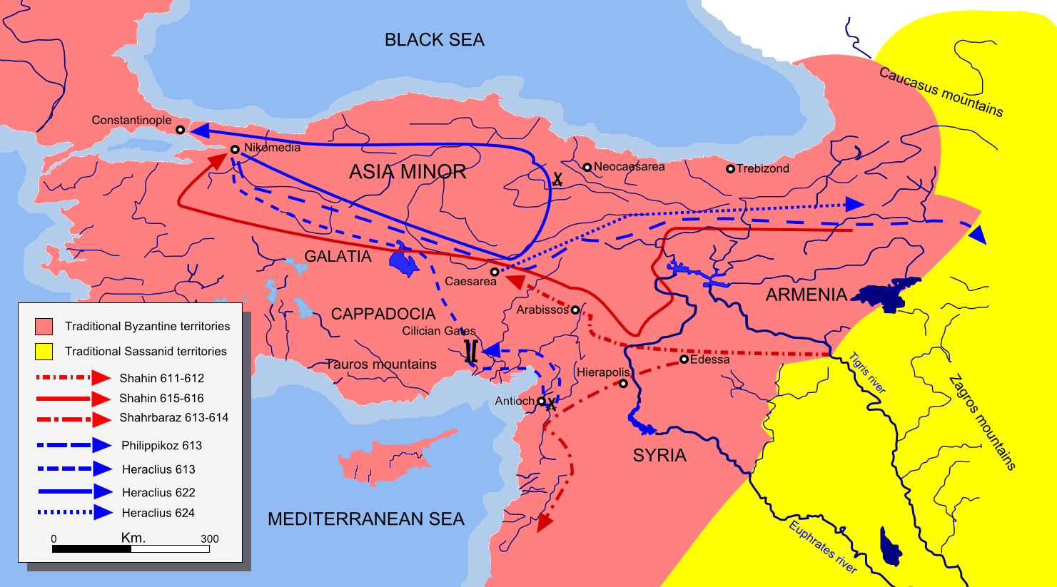 This map shows the approximate campaign paths of Persian and Roman Generals from 611 to 624 as described in the text.